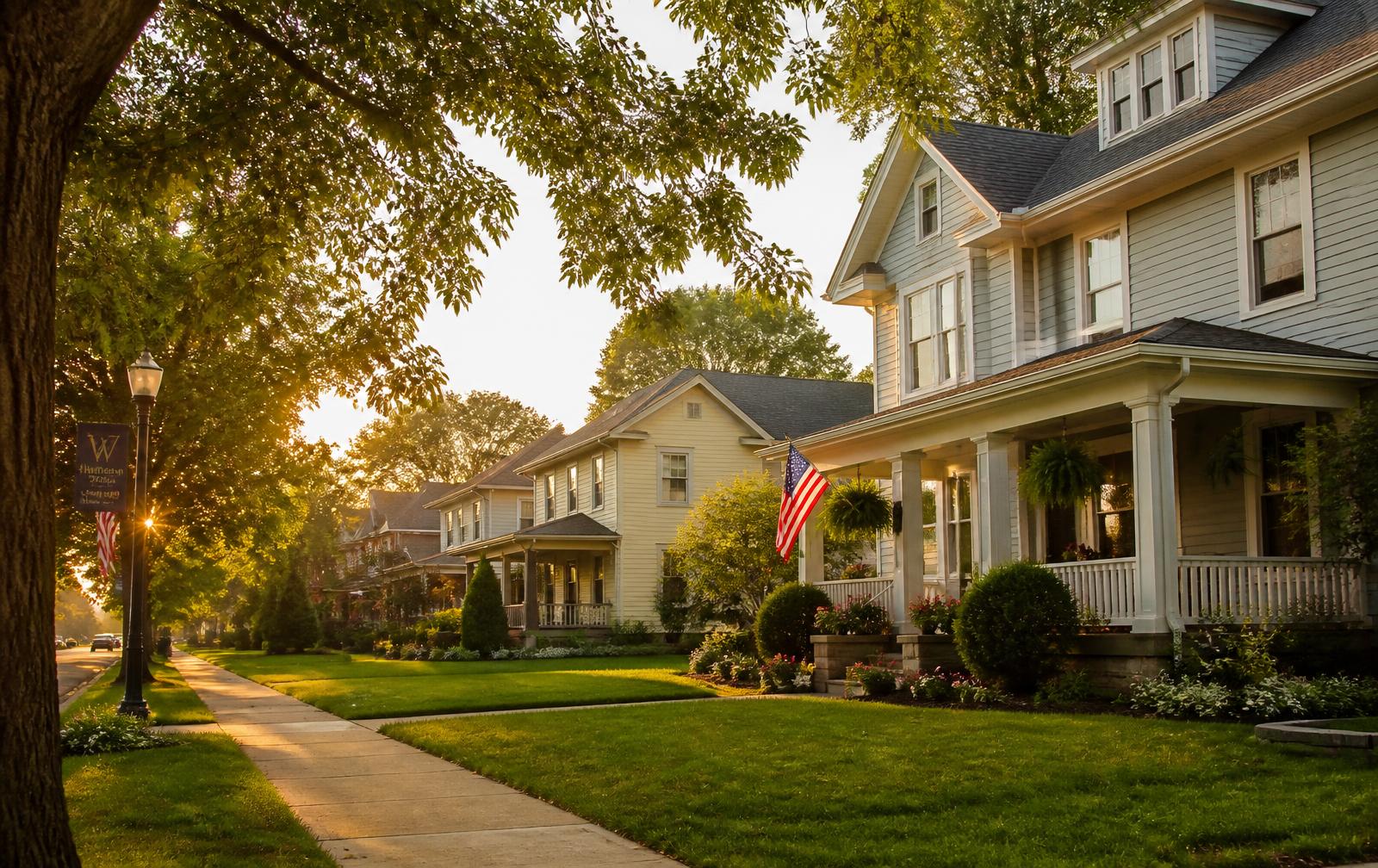 Tree-lined Ohio residential street with family homes at sunset